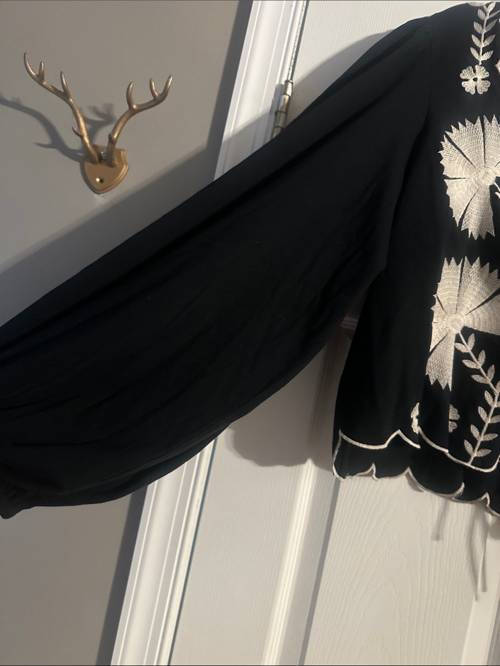 Free People Black Cropped Peasant Top with Cream Embroidery - Picture 3 of 6